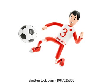 Cartoon character in a sports red uniform. Football or soccer player with a ball isolated on white background. 3d rendering. - Powered by Shutterstock