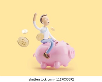 Cartoon Character Stand With Coin And Money Box Pig. 3d Illustration