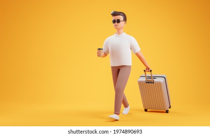 Cartoon character in sunglasses man walk with suitcase and coffee cup over yellow background. Travel concept. 3d render illustration.
