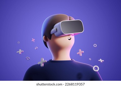 Cartoon character in vr glasses on a purple background. The concept of virtual reality in the game. PS. 3d rendeting - Powered by Shutterstock