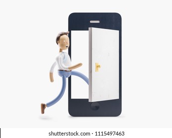 Cartoon Character Walks Into The Phone Through The Door. 3d Illustration