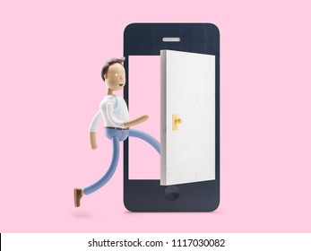 Cartoon Character Walks Into The Phone Through The Door. 3d Illustration