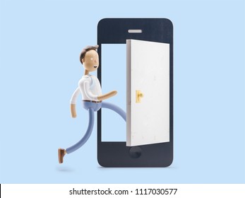 Cartoon Character Walks Into The Phone Through The Door. 3d Illustration