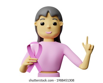 cartoon character woman hand holding cancer pink ribbon over and pointing finger isolated on white background. 3d illustration or 3d render - Powered by Shutterstock