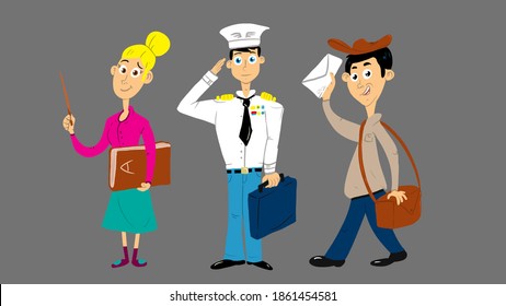 Cartoon characters art illustration. Pilot, mailman and teacher person. - Powered by Shutterstock