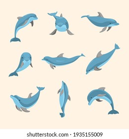 Cartoon Characters Funny Dolphin Set Ocean Mammal Different Poses Concept Element Flat Design Style. illustration of Dolphins