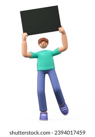 Cartoon characters holding an empty white board for insert a concept.3d rendering,conceptual image. isolated on white background.