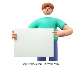 Cartoon characters holding an empty white board for insert a concept.3d rendering,conceptual image. isolated on white background.
