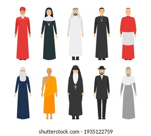 Cartoon Characters Religion People Different Types Set Traditional Clothing Concept Element Flat Design Style. illustration of Man and Woman