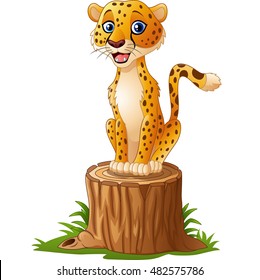 Cartoon Cheetah Sitting On The Tree Stump