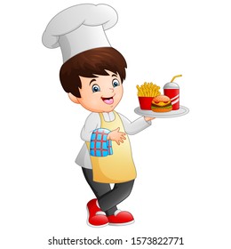 Cartoon Chef Cooking Holding A Fast Food Tray