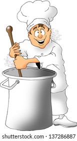 Cartoon Of A Chef Stirring A Big Pot.