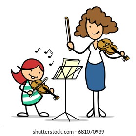 Cartoon of child in music school lessons plays the violin