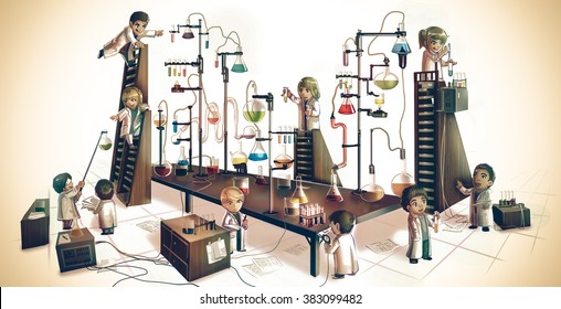 Cartoon Children Alchemist Or Scientists Kid Experimenting Chemistry Science In Massive Chemical Tower Refinery Lab With Test Tube Beaker Science Tool In Medieval Retro Vintage Laboratory Illustration