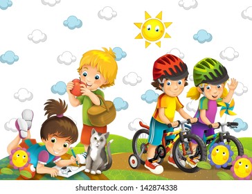 Cartoon children on the trip on bicycles and other on picnic illustration for children - Powered by Shutterstock