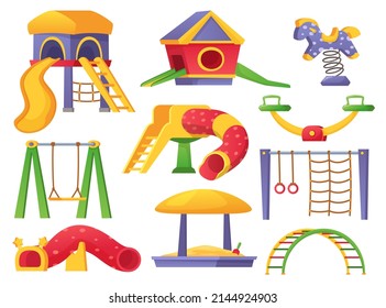 Cartoon children playground elements, kids park equipment. Slide, seesaw, swing, sandbox, swing horse, kindergarten outdoor playset  set. Leisure activity and entertainment for children