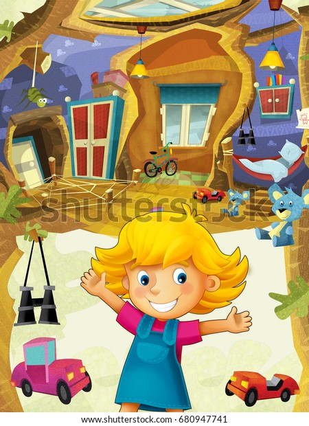 Cartoon children room with happy cheerful\
girl standing and smiling- house in the tree\
