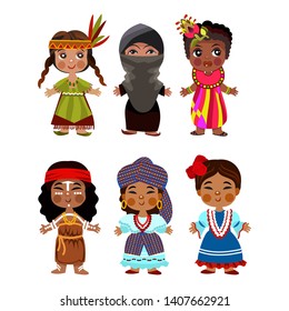 Cartoon Little Girl In The Traditional Clothes Of Countries