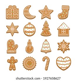 Cartoon Christmas Cookies Icon Set Holiday Concept Element Flat Design Style Include Of Star And Tree. Illustration Of Icons