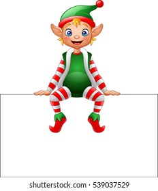 Cartoon Christmas Elf Sitting On Blank Sign