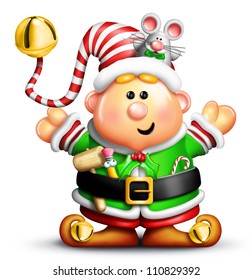 Cartoon Christmas Elf With Tools And Mouse