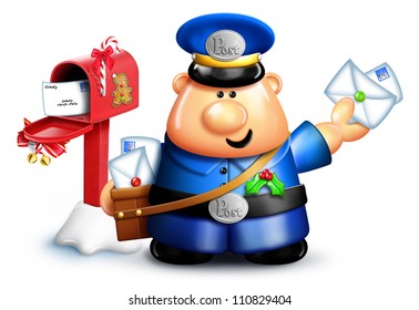 Cartoon Christmas Mailman With Mailbox And Letters