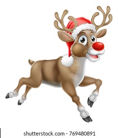 A Cartoon Christmas Reindeer Cartoon Character In Santa Claus Hat Running