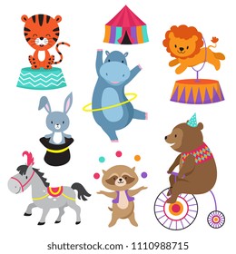 Cartoon Circus Animals For Child Birthday Card . Animal In Circus, Happy Elephant And Lion, Carnival Show With Bear On Bike Illustration