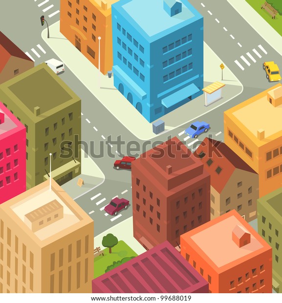 Cartoon City - Downtown/\
Illustration of a cartoon city scene, with aerial view of downtown\
traffic