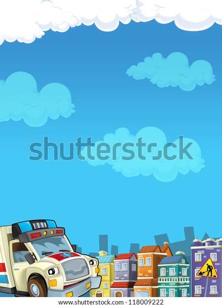 Cartoon city look with ambulance - illustration\
for the children