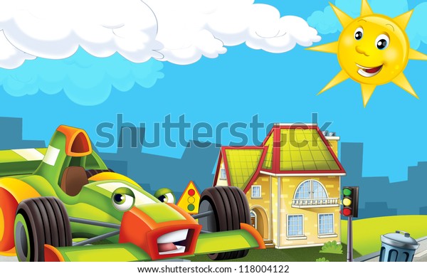 Cartoon\
city look with f1 - illustration for the\
children