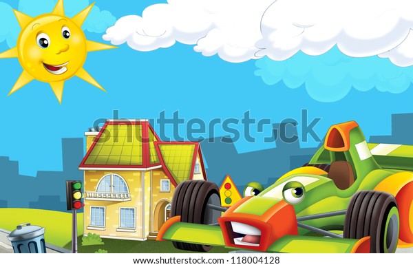Cartoon\
city look with f1 - illustration for the\
children