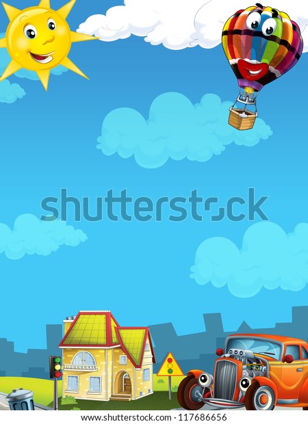 Cartoon city look with hotrod - illustration for\
the children