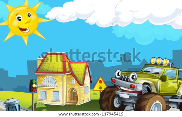 Cartoon city look with terrain car -\
illustration for the\
children