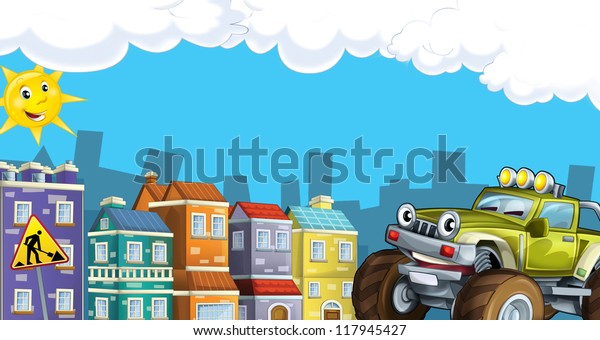 Cartoon city look with terrain car -\
illustration for the\
children