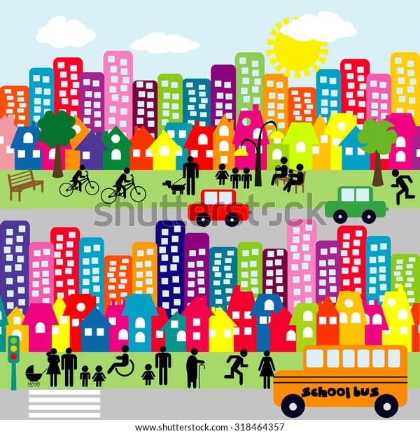 Cartoon city with people
pictograms