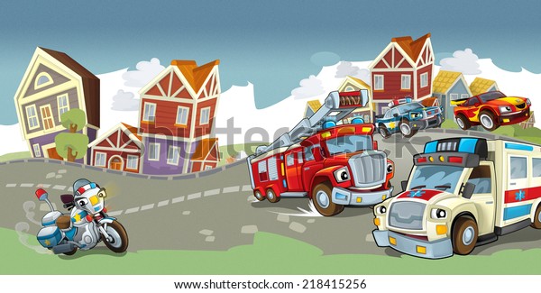 Cartoon city\
scene - illustration for the\
children
