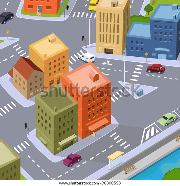 Cartoon City Traffic/\
Illustration of a cartoon city, aerial view with buildings and cars\
driving