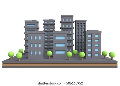 Cartoon Cityscape  In Funny Cute Style. Isolate City Area With Modern Skyscrapers And Buildings. 3d Render.