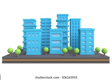 Cartoon Cityscape  In Funny Cute Style. Isolate City Area With Modern Skyscrapers And Buildings. 3d Render.