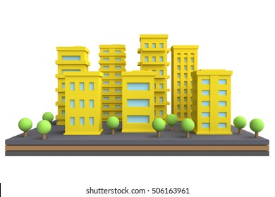 Cartoon Cityscape  In Funny Cute Style. Isolate City Area With Modern Skyscrapers And Buildings. 3d Render.