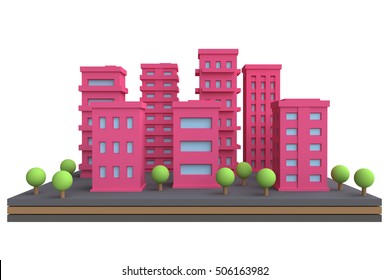 Cartoon Cityscape  In Funny Cute Style. Isolate City Area With Modern Skyscrapers And Buildings. 3d Render.