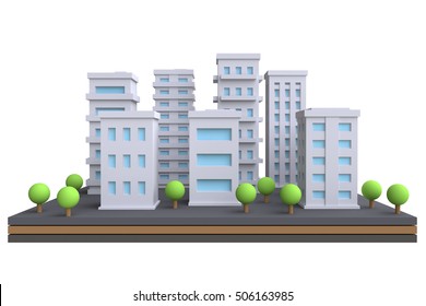 Cartoon Cityscape  In Funny Cute Style. Isolate City Area With Modern Skyscrapers And Buildings. 3d Render.