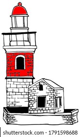 Cartoon of classical old type lighthouse on the coast of Adriatic sea