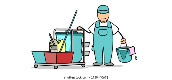 Cartoon Cleaner Of Building Cleaning With Bucket And Cleaning Cart At Work