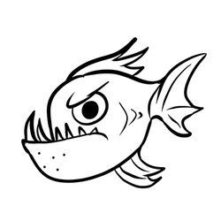 Cartoon Clipart, Black And White ,Angry Piranha Fish With Sharp Teeth Staring Toward The Viewer 