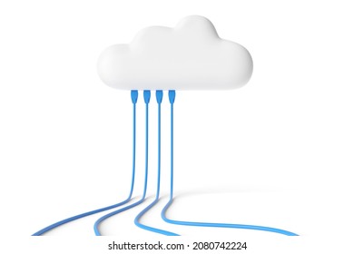 Cartoon cloud with connected network cables isolated in white background. Internet concept. 3d illustration.