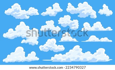 Cartoon clouds set. Abstract white cloudscape icon symbols.  cloudy landscape or simplicity nature aerial panorama. Various round shapes in flat style. Clouds collection