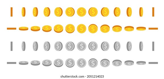 Cartoon Coin Animation Sprites. Gold And Silver Coins Flip And Rotate. Round Dollar For Animated Game. Money Icon In Angle View  Set. Illustration Silver And Gold Coin, Flip And Rotate