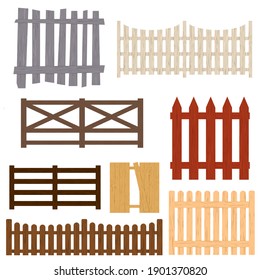 Cartoon Color Wooden Fence Set Different Types Protection Concept Flat Design Style Barrier For Garden, Rural Farm. Illustration